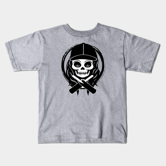 Female Cricketer Skull and Cricket Bats Black Logo Kids T-Shirt by Nuletto